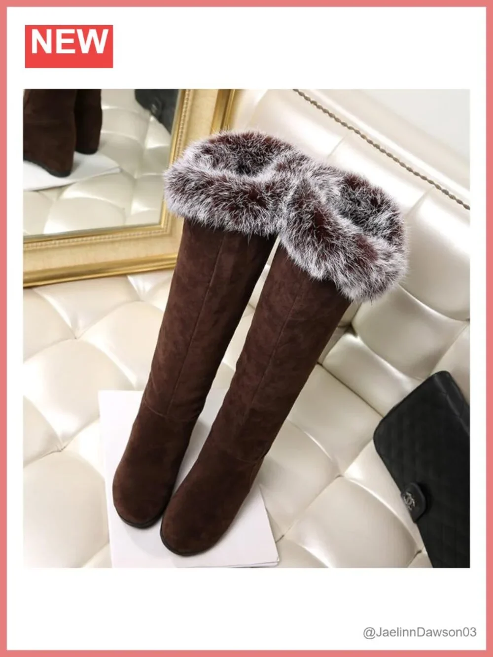 Over the Knee Winter Snow Boots, Waterproof Slip-on Wedge Heel, Faux Fur Trim